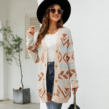 Autumn And Winter Female Diamond Loose Knitted Cardigan Jacquard Medium-Length Sweater Jacket - Black - M