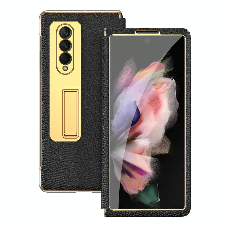 For Samsung Galaxy Z Fold4 5G Flip Case With Tempered Film - Textured Hinge - Black