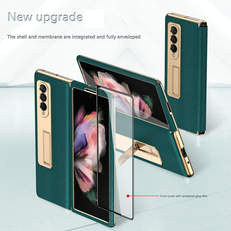 For Samsung Galaxy Z Fold4 5G Flip Case With Tempered Film - Textured Hinge - Black