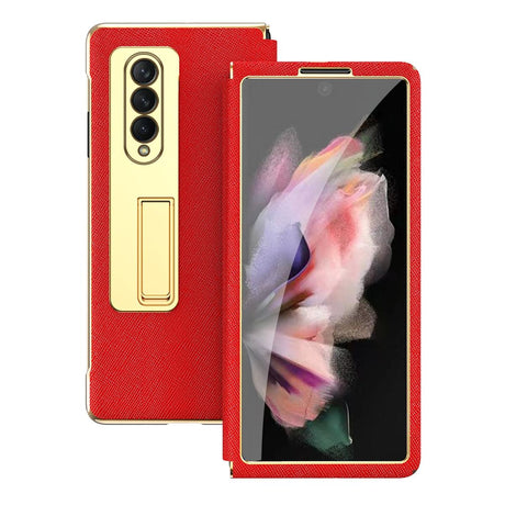 For Samsung Galaxy Z Fold4 5G Flip Case With Tempered Film - Textured Hinge - Black
