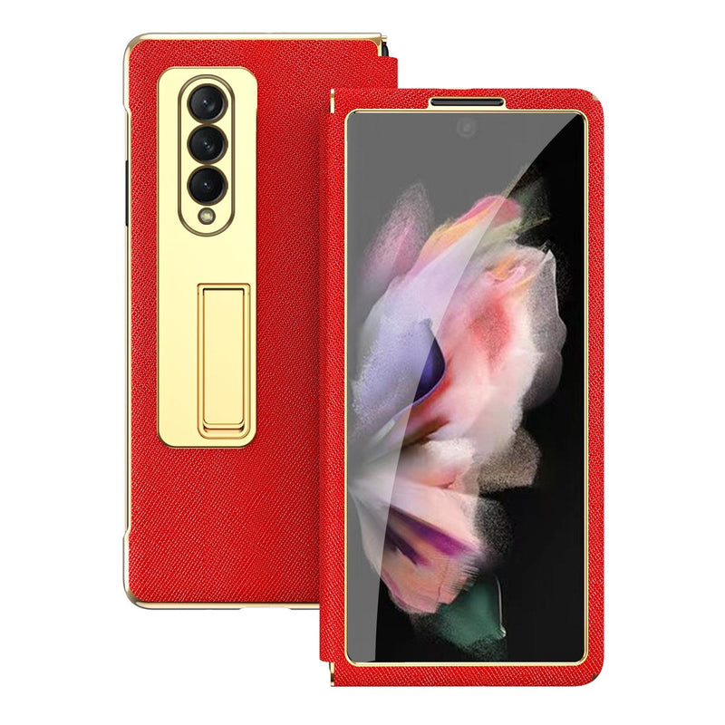 For Samsung Galaxy Z Fold4 5G Flip Case With Tempered Film - Textured Hinge - Black