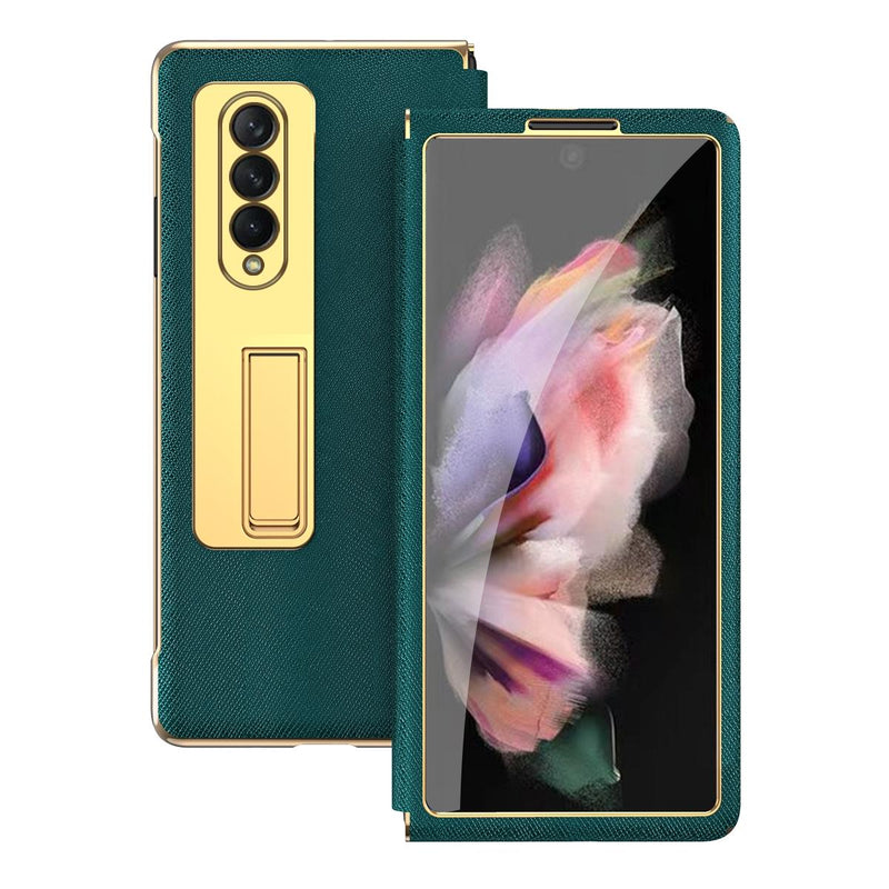 For Samsung Galaxy Z Fold4 5G Flip Case With Tempered Film - Textured Hinge - Black