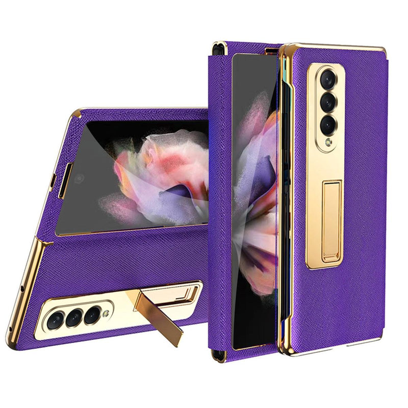 For Samsung Galaxy Z Fold4 5G Flip Case With Tempered Film - Textured Hinge - Black