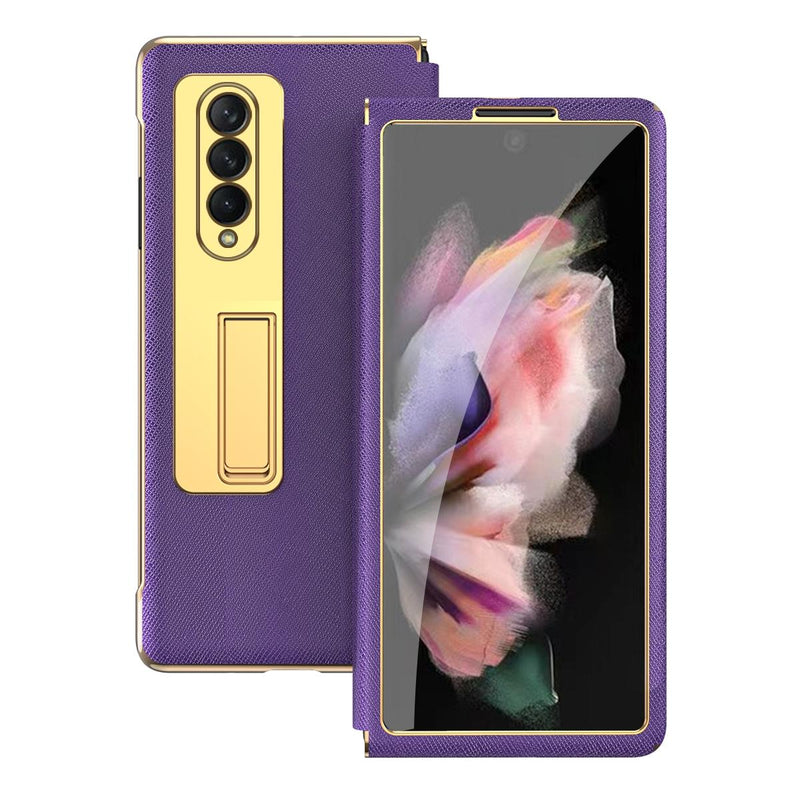 For Samsung Galaxy Z Fold4 5G Flip Case With Tempered Film - Textured Hinge - Black