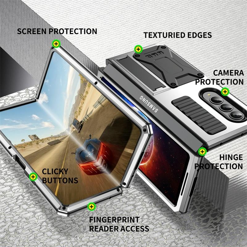 For Samsung Galaxy Z Fold4 5G Shockproof Metal Case With Holder - Black