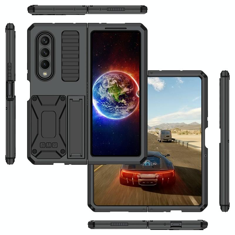 For Samsung Galaxy Z Fold4 5G Shockproof Metal Case With Holder - Black
