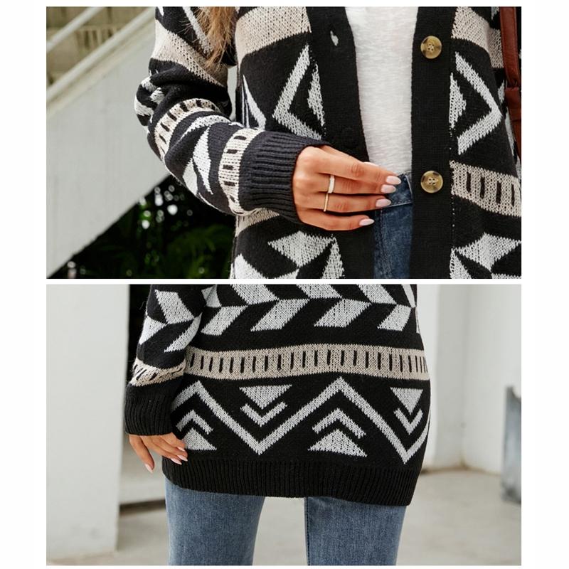 Autumn And Winter Female Diamond Loose Knitted Cardigan Jacquard Medium-Length Sweater Jacket - Black - Xl