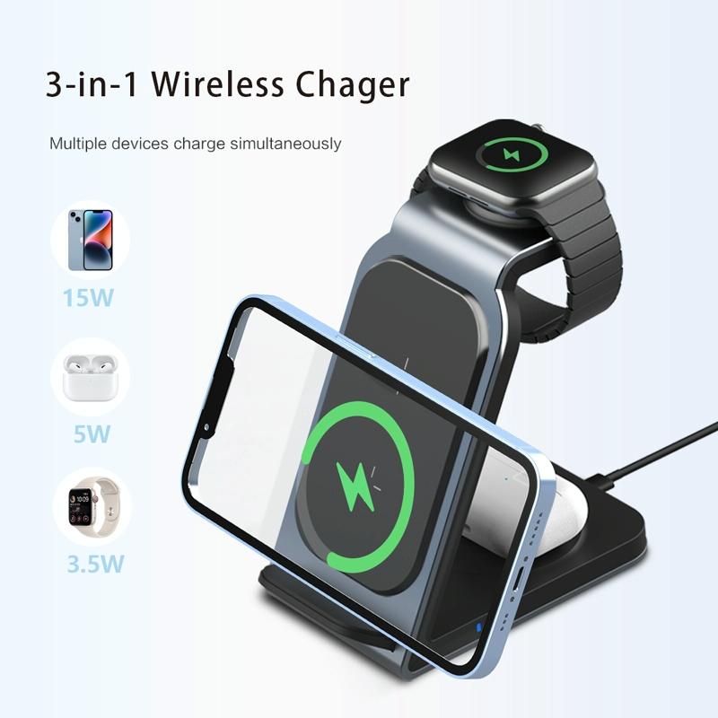 3 In 1 Vertical Metal Wireless Charger - Silver