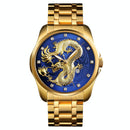 Men Golden Dragon Calendar Dial Quartz Watch with Luminous Hands - Silver Black