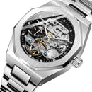 Men Automatic Mechanical Watch with Luminous Dial and Steel Band - Silver Belt White Face
