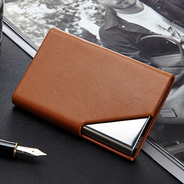 Stainless Steel Business Card Holder Men Leather Clamp - Brown