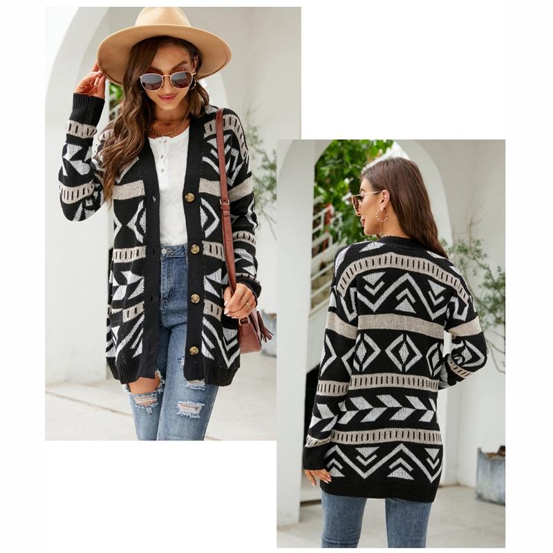 Autumn And Winter Female Diamond Loose Knitted Cardigan Jacquard Medium-Length Sweater Jacket - Beige - S