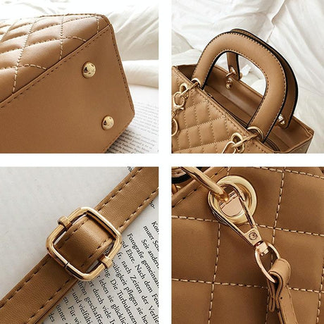 Leather Crossbody Bag With Rhombus Pattern For Women - Black