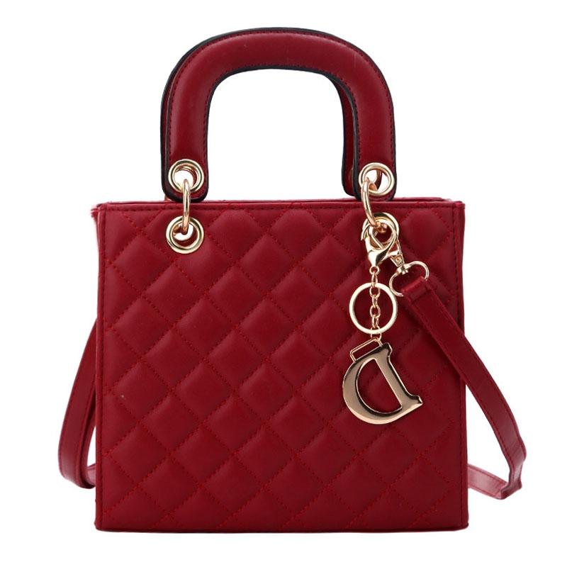 Leather Crossbody Bag With Rhombus Pattern For Women - Black