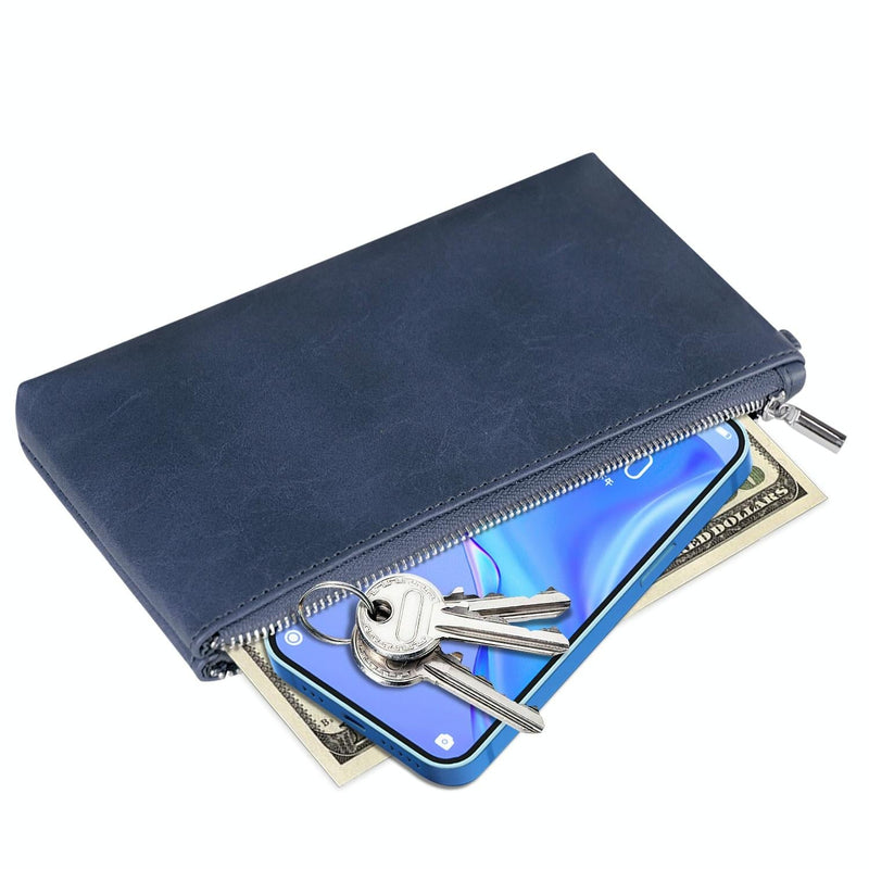 Retro Leather Clutch Bag With Zipper - 6 Inch - Dark Blue