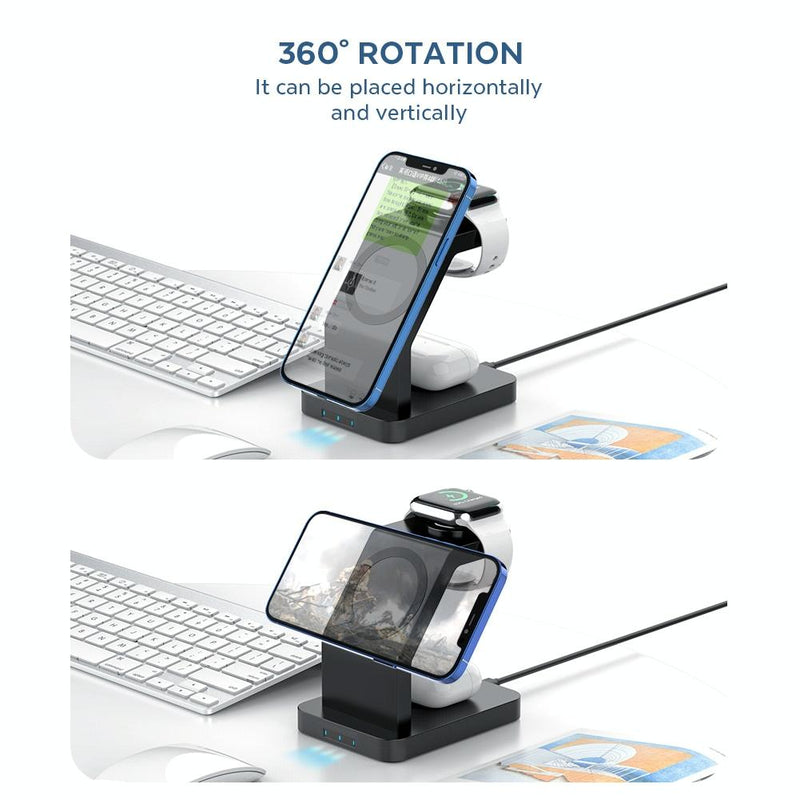 3 In 1 Magnetic Wireless Charger For Iphone Iwatch Airpods - Black