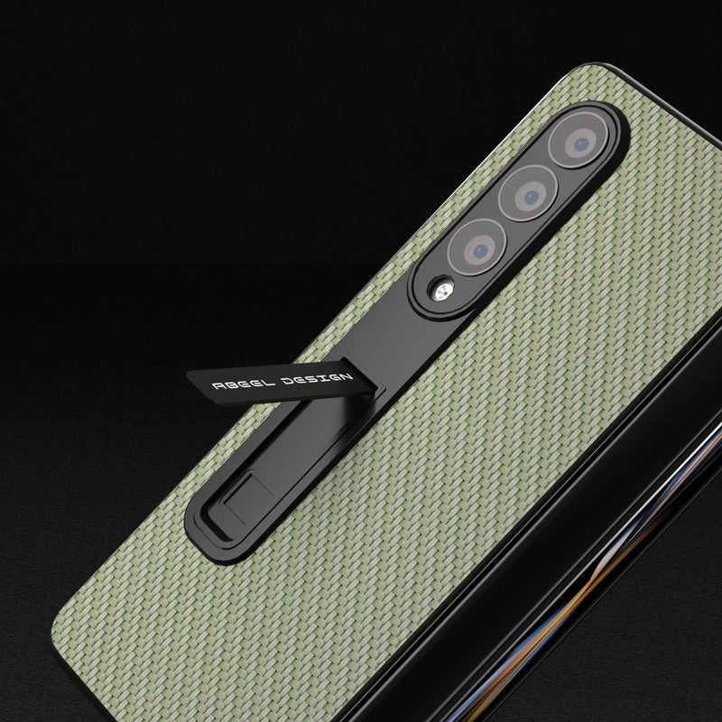 For Samsung Galaxy Z Fold4 5G Carbon Fiber Phone Case With Holder - Dark Brown
