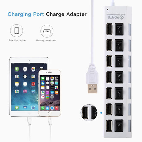 7-Port Usb Hub With High Speed 480Mbps On / Off Switch & 7 Leds - Black