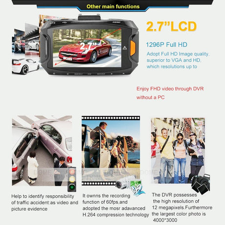 2.7 Lcd Car Dvr Camera with 170 Degree Wide Angle 2304 x 1296p Hd Screen