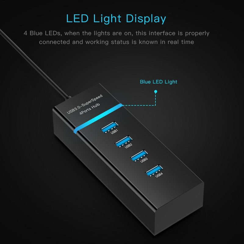 4-Port Usb 3.0 Hub With Led Super Speed 5Gbps - Black