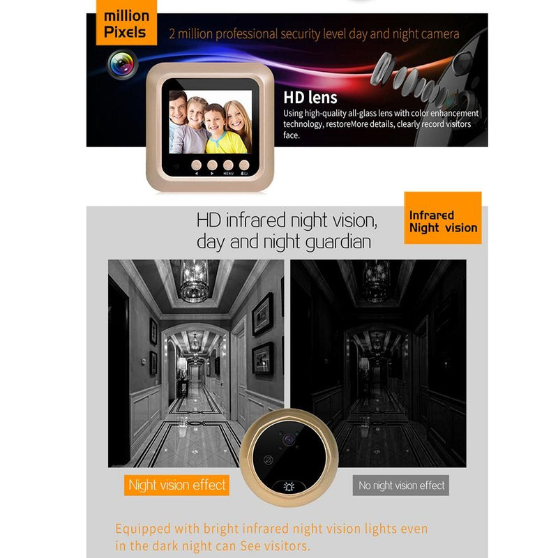 2.4 Screen 2.0Mp Security Camera With Night Vision And Video Recording - No Disturb Peephole Viewer - Black