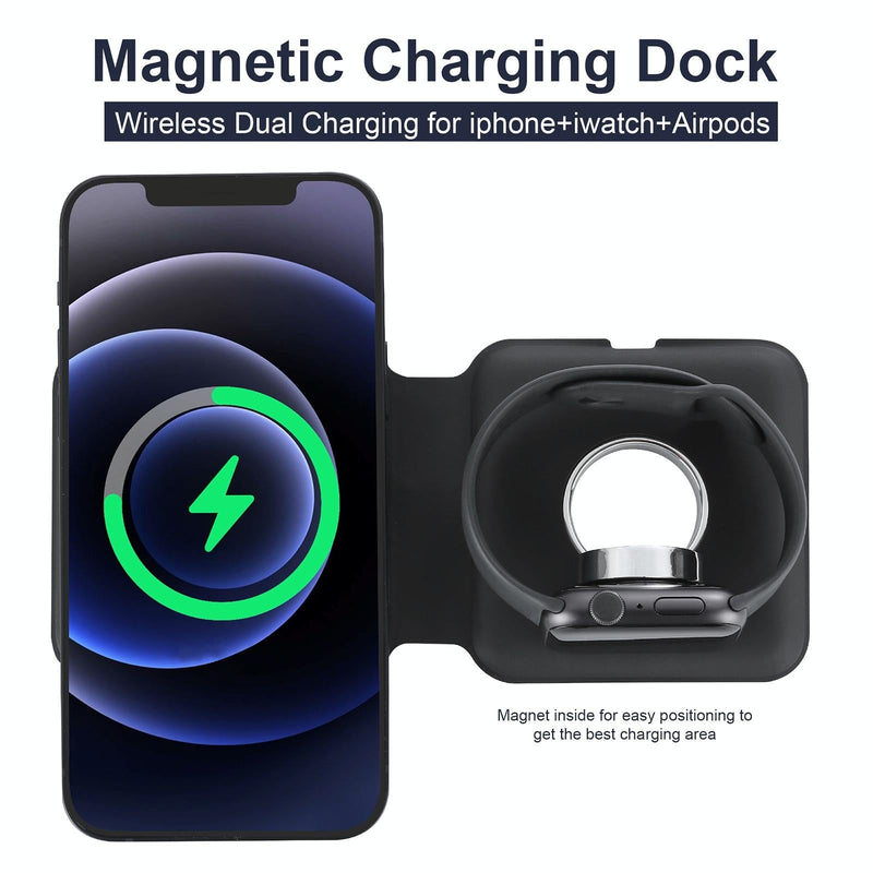 Foldable Dual Wireless Charger For Phones Iwatch Airpods - Black