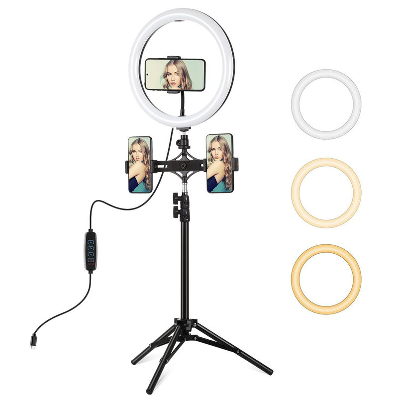 11.8 Led Ring Light Kit with Tripod & Dual Phone Brackets - 3 Modes Dual Colour Temperature Curved Surface Type-c - Black