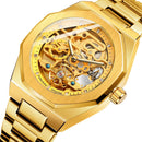 Men Automatic Mechanical Watch with Luminous Dial and Steel Band - Gold Belt Gold Face
