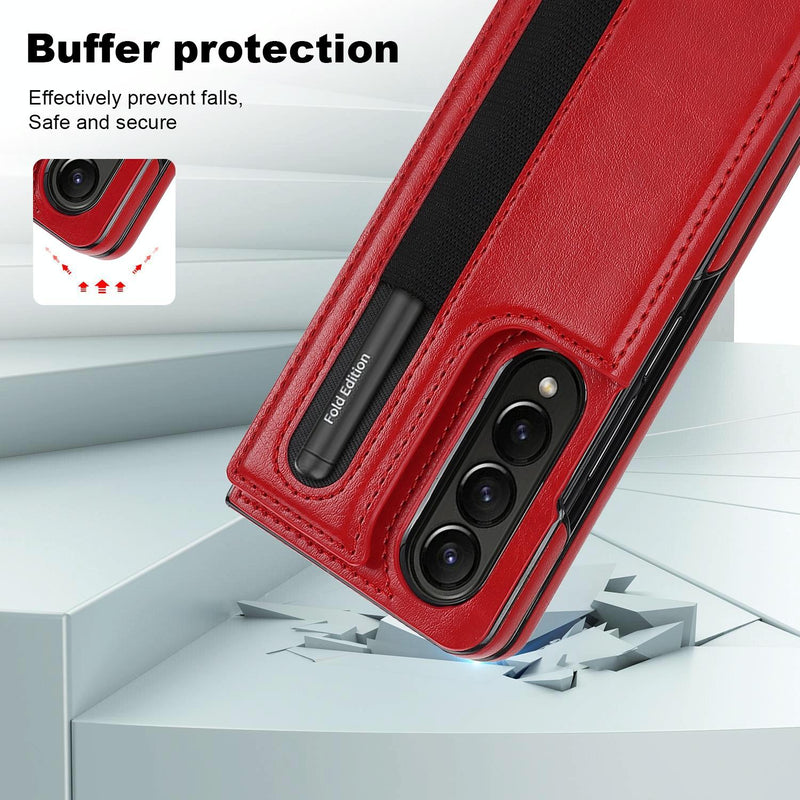 Double Buckle Foldable Phone Case with Pen Slot - Red