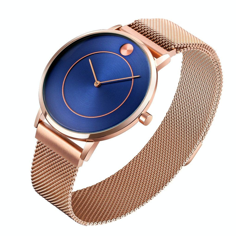 Women Metal Mesh Quartz Watch with Non-scale Dial - Rose Gold Black Surface