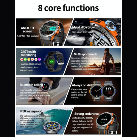 1.43 Inch Bt5.3 Ip68 Sport Smart Watch Support Bluetooth Call / Message Notification / Heart Rate / Blood Pressure Health Monitor - Blue