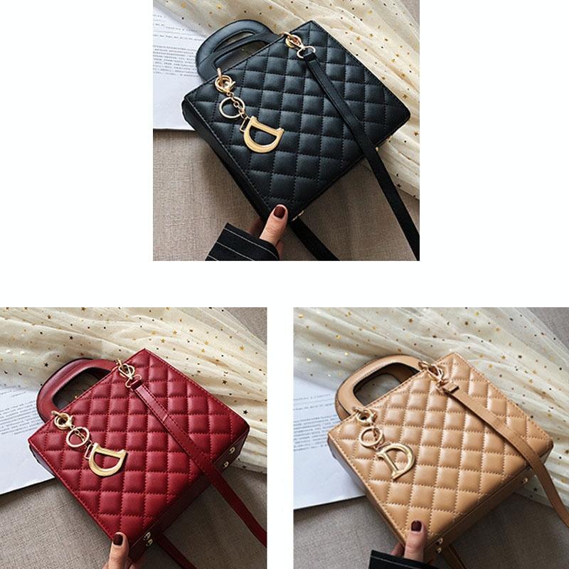 Leather Crossbody Bag With Rhombus Pattern For Women - Brown