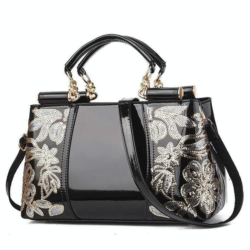 Shiny Leather Handbag With Single-Sided Embroidery - Black