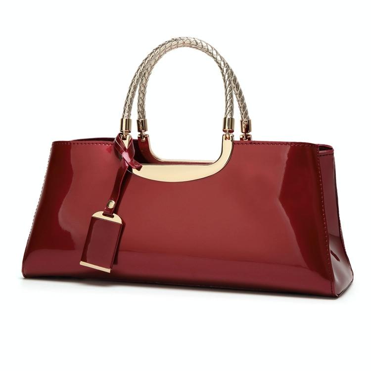 Patent Leather Shoulder Bag For Women - Glue Closure - Red Wine