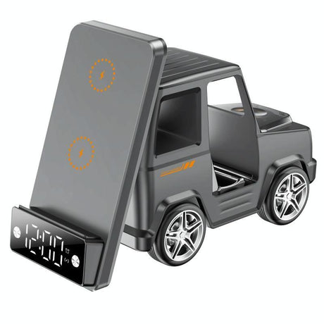6 In 1 Car Shape Speaker With Clock & Wireless Charger - White