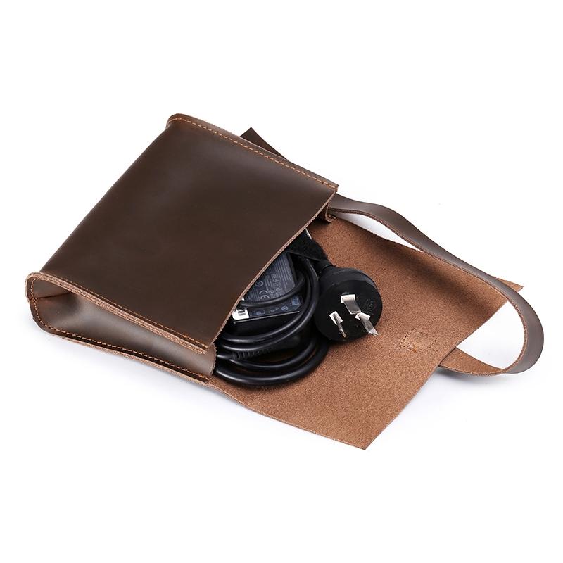 13.3 Inch Genuine Leather Laptop Bag With Power Adapter And Cable Winder - Coffee