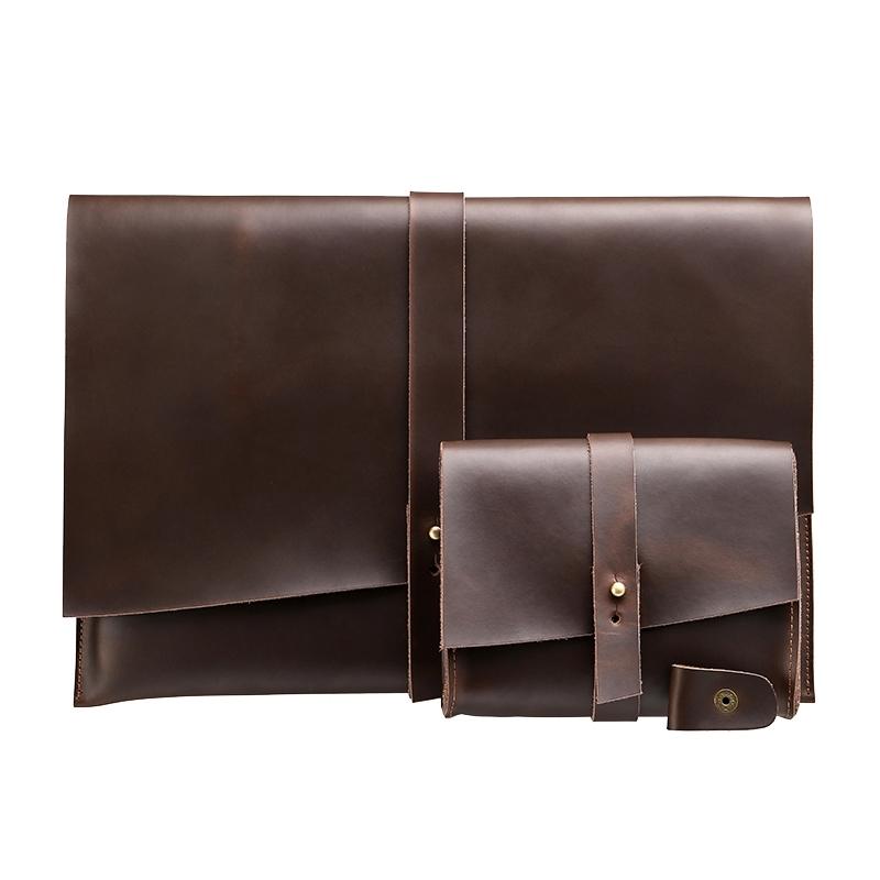 13.3 Inch Genuine Leather Laptop Bag With Power Adapter And Cable Winder - Coffee