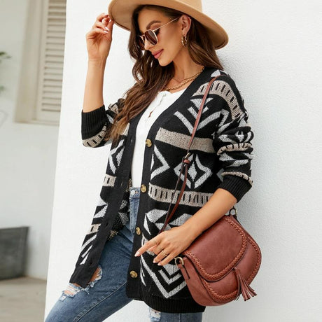 Autumn And Winter Female Diamond Loose Knitted Cardigan Jacquard Medium-Length Sweater Jacket - Brown - L