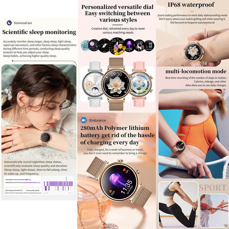Women Smart Watch With Bt Call Health Tracking And Sos - Compact And Stylish - Rose Gold Steel Band