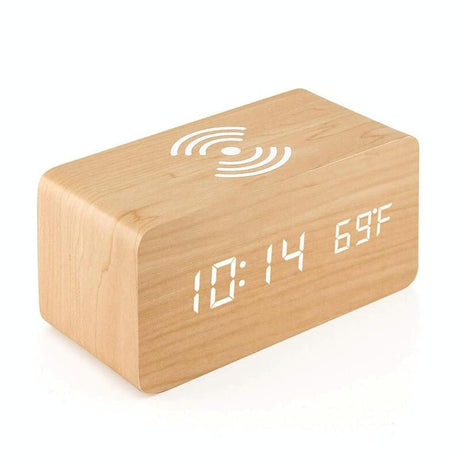 5W Wooden Wireless Charger With Led Mirror Display And Sub Alarm Clock - Black Wood