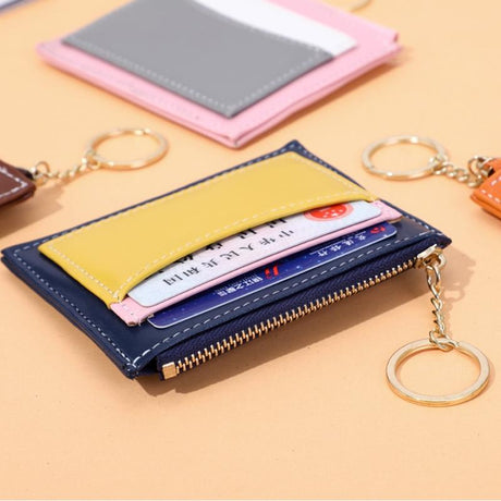 Portable Simple Card Holder Coin Purse With Keychain Unisex Pu Wallet - Coffee