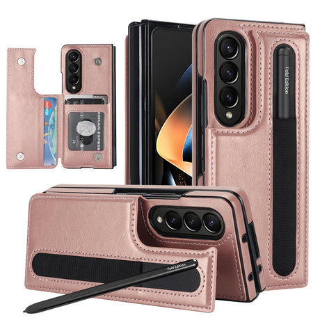 Double Buckle Foldable Phone Case with Pen Slot - Rose Gold
