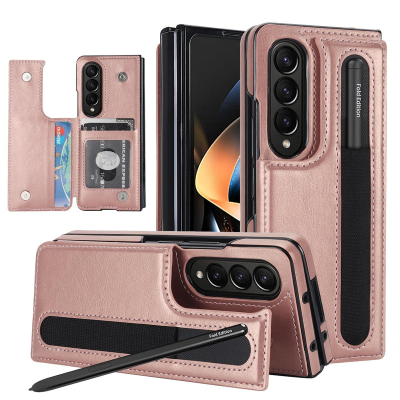 Double Buckle Foldable Phone Case with Pen Slot - Rose Gold
