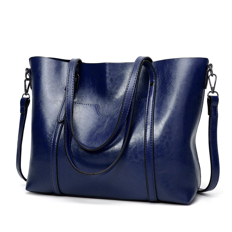 Stylish All-Match Leather Handbag - Wax Finish - Navy Blue