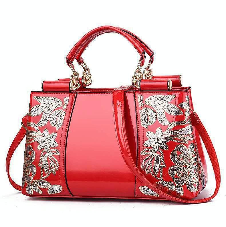 Shiny Leather Handbag With Single-Sided Embroidery - Rice-White