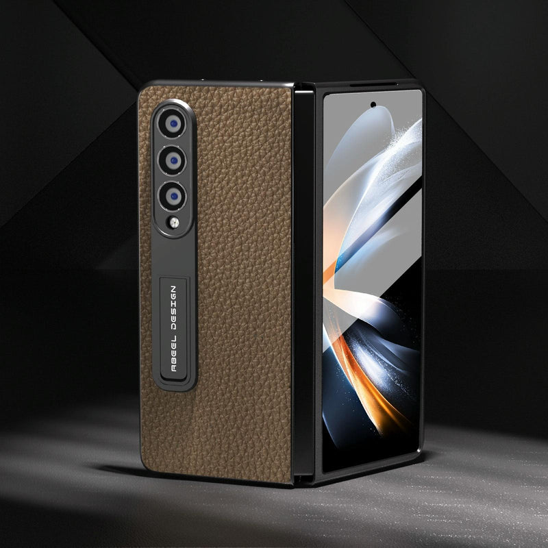 For Samsung Galaxy Z Fold4 5G Leather Phone Case With Holder - Litchi Texture - Grey
