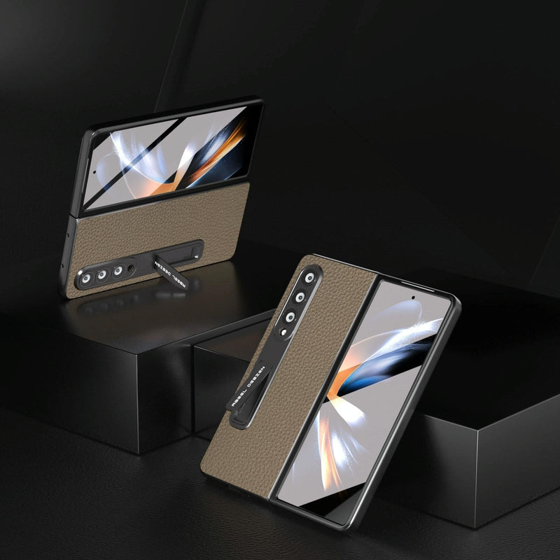 For Samsung Galaxy Z Fold4 5G Leather Phone Case With Holder - Litchi Texture - Grey