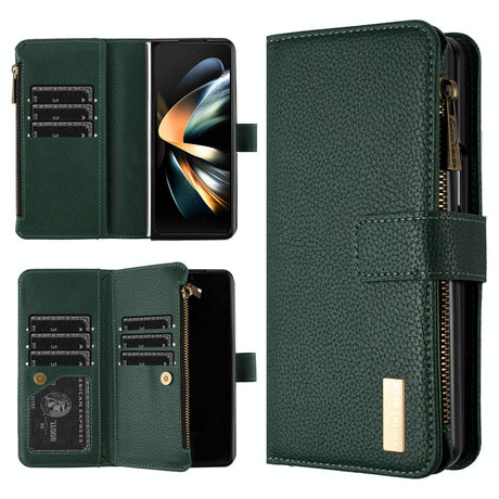 For Samsung Galaxy Z Fold4 5G Litchi Texture Zip Wallet - Gold