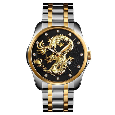 Men Golden Dragon Calendar Dial Quartz Watch with Luminous Hands - Gold Black