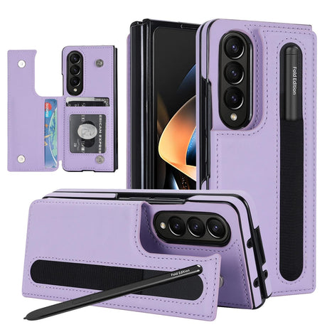 Double Buckle Foldable Phone Case with Pen Slot - Purple